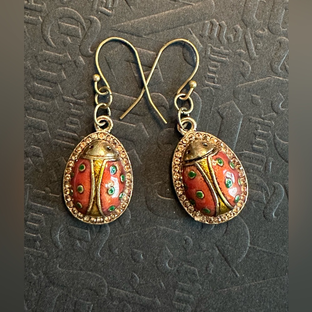 ARTISAN Ladybug Scarab With Rhinestones Dangling Bronze Shepherd Hook Earrings